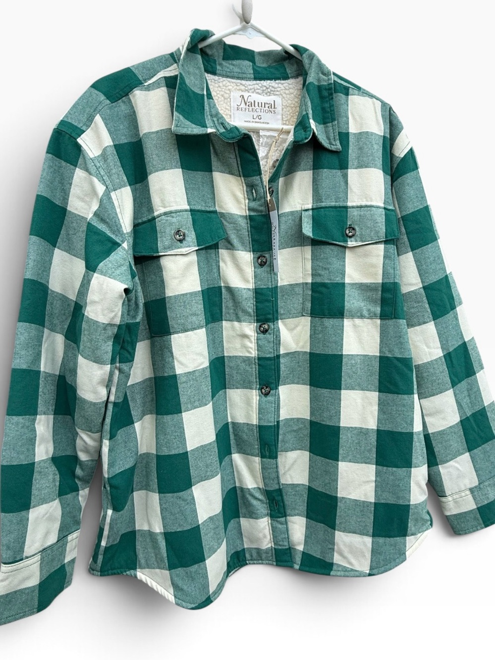 Natural Reflections Green Buffalo Plaid Sherpa Lined Flannel Shacket Size Large